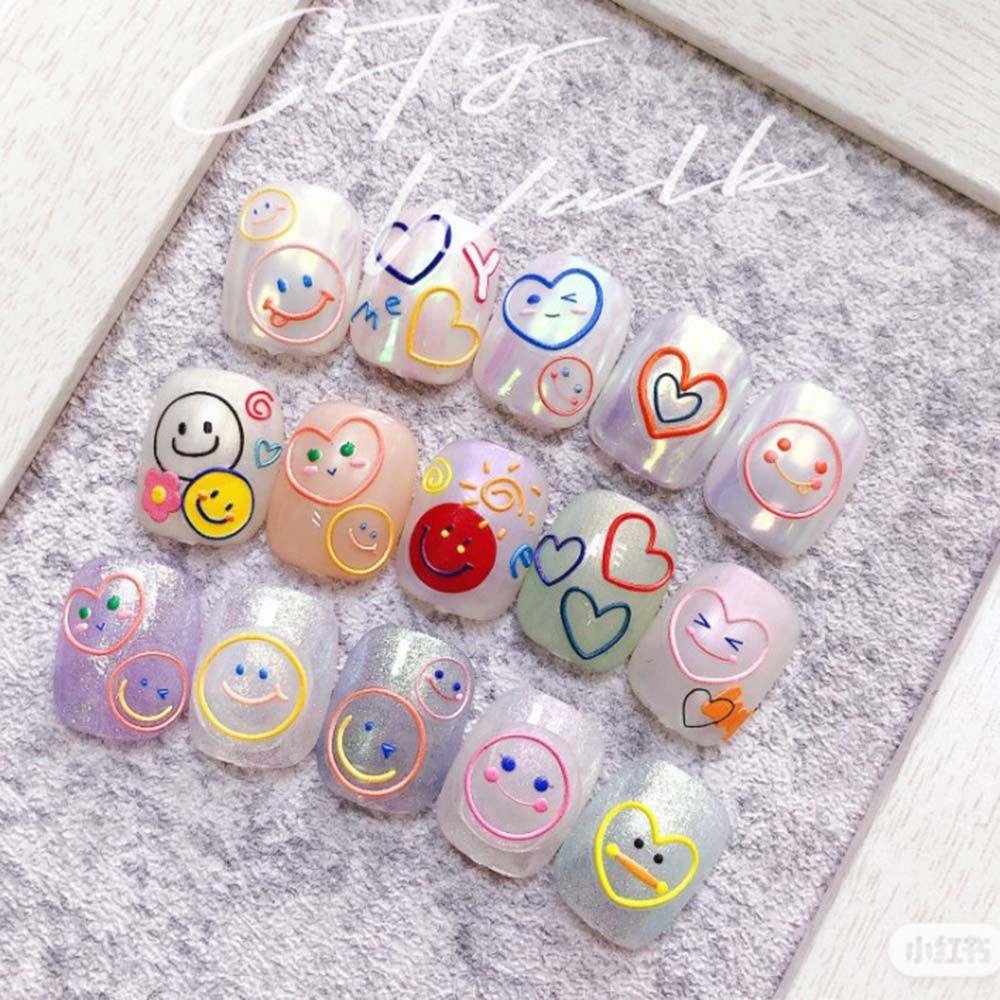 AUGUSTINA Agustin 5D Ukiran Stiker Kuku Warna-Warni Smiley Face Slider Decal Perekat DIY Nail Art Desgin