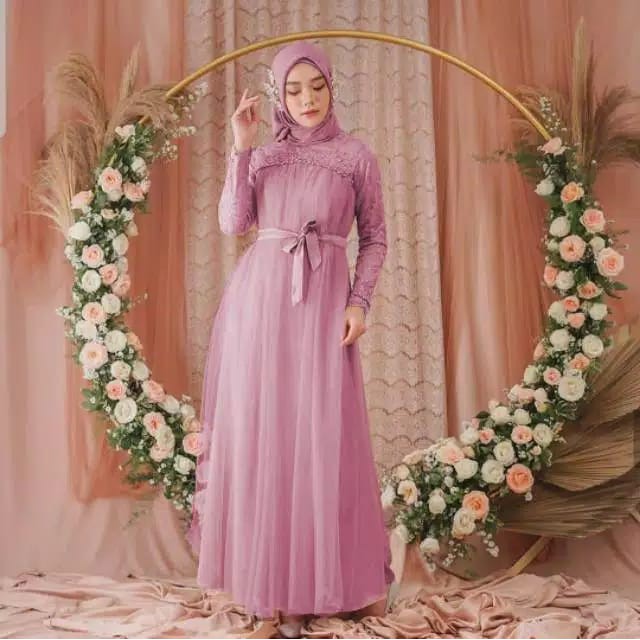 dress brukat muslim modern FIDELLA DRESS BROKAT TULLE MEWAH OOTD KONDANGAN TANPA HIJAB