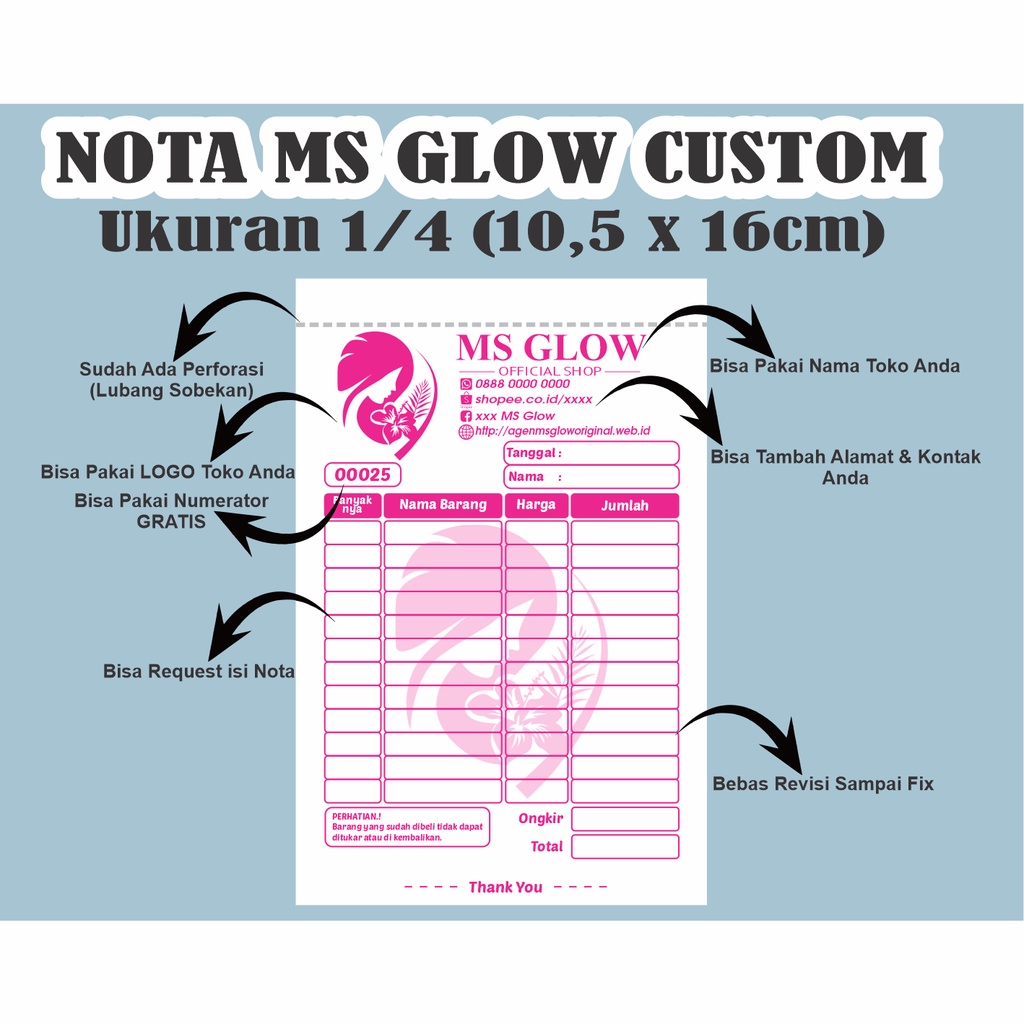 

CETAK NOTA MS GLOW CUSTOM 2 RANGKAP - 1 RANGKAP - SURAT JALAN - KWITANSI - BON - PROSES CEPAT