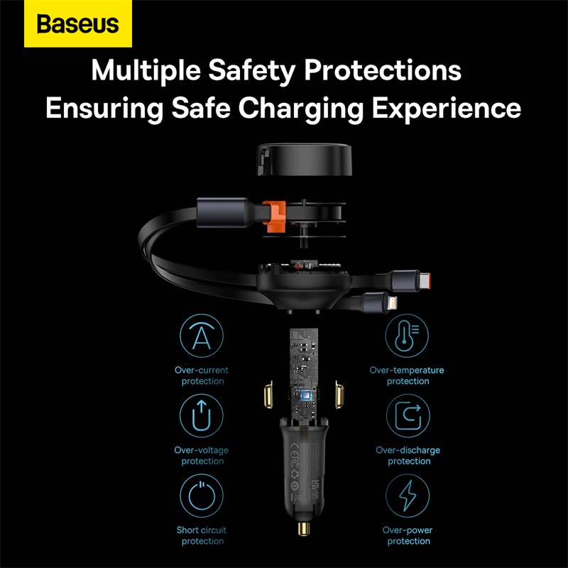 Baseus Car Charger Mobil 30W 2IN1 Built in Type-C Iphone Fast Charging