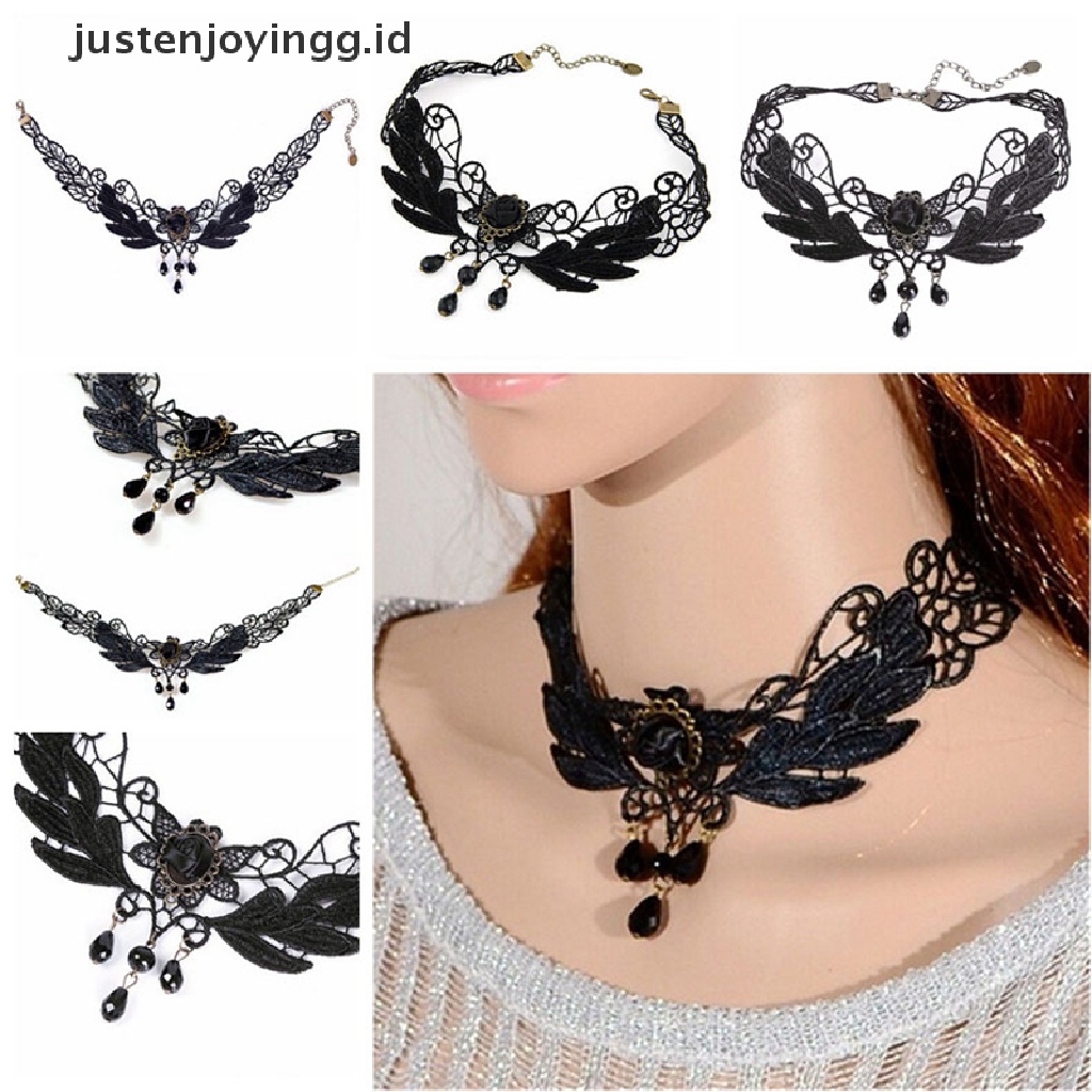 Kalung Choker Liontin Manik-Manik Mawar Hitam Bahan Lace Untuk Wanita