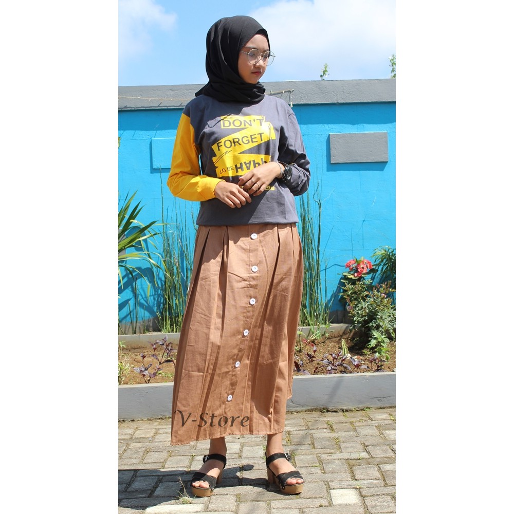 Rok Panjang Wanita Bahan Katun Rok Model Kancing Putih Lurus Numia Rok Wanita Muslimah Warna Mocca
