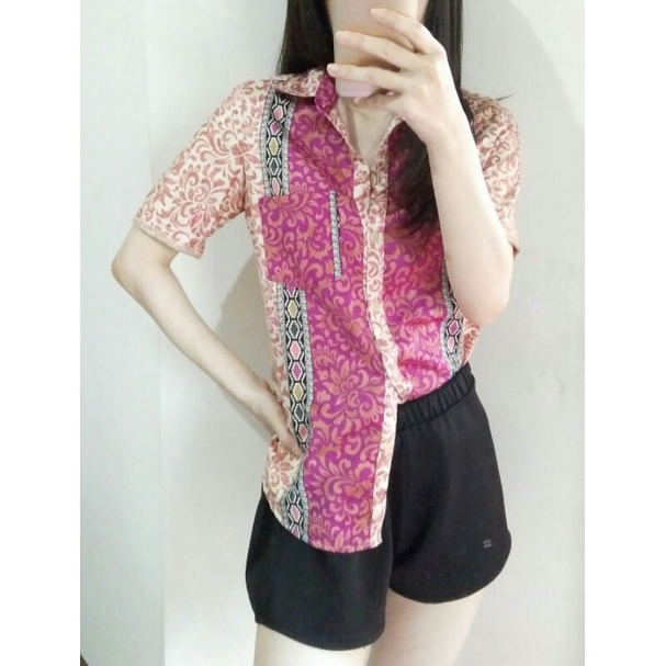 NEW  atasan blouse kemeja wanita batik sutera pink merah muda halus baju kantor kerja kampus