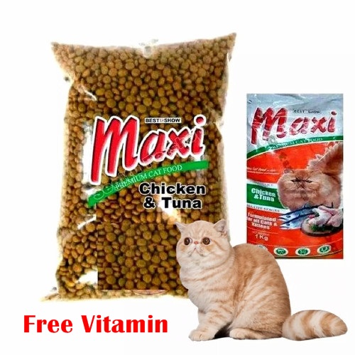 Makanan Kucing MAXI 1kg Free Vitamin Premium Quality Dewasa &amp; Kitten Dry Food Pakan Kering Pelet