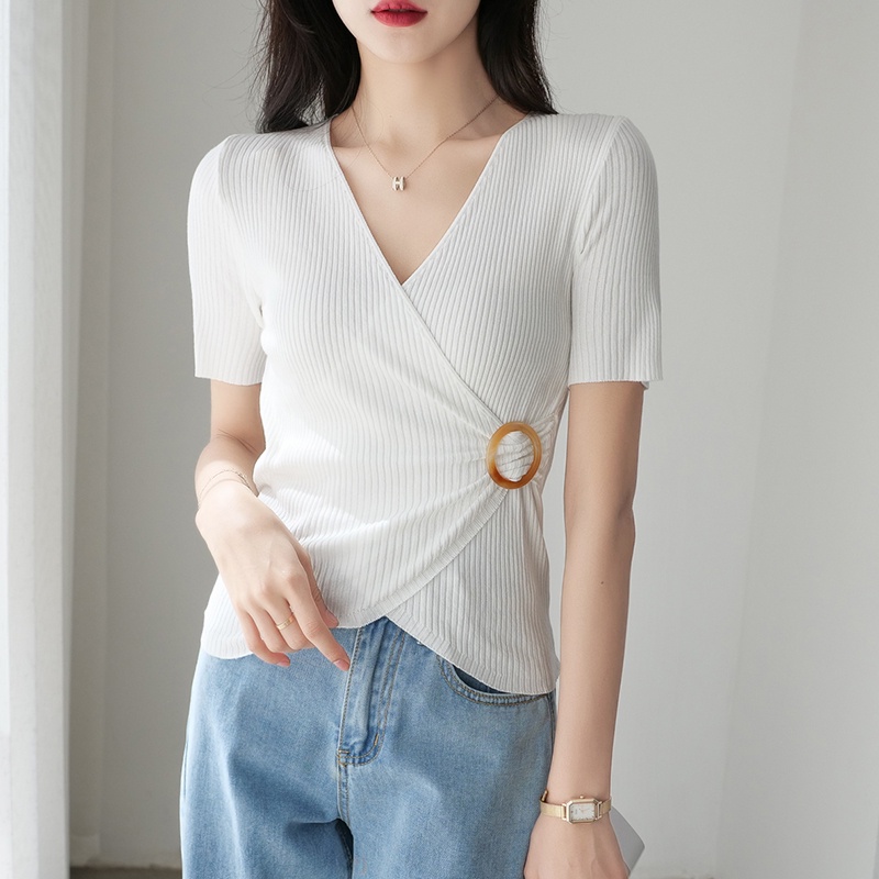 【Elegant】V-neck Irregular Slim Knit T-Shirt 7376