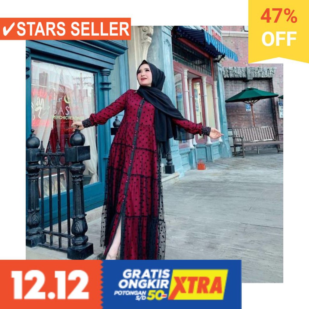 BAJU MUSLIM TERKINI TERBARU WANITA MURAH CEWE ASLI / Baju lebaran gamis tile polkadot by ori