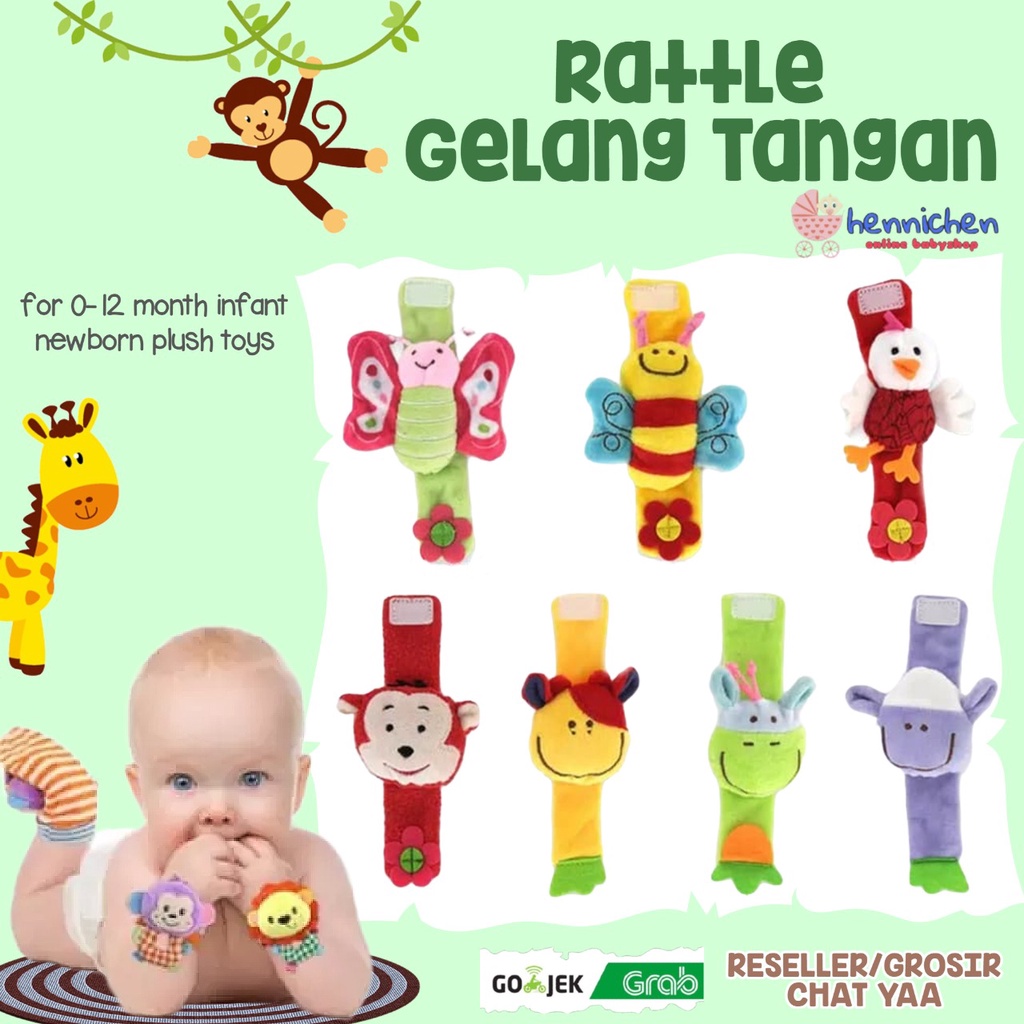 1Pc Rattle Gelang Tangan dengan Bahan Plush dan Gambar Binatang untuk Usia 0-12 Bulan