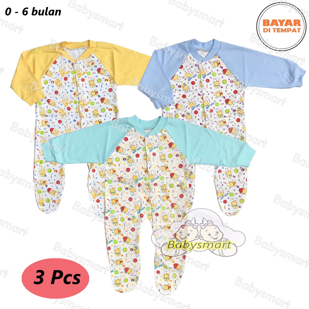 Babysmart - 3 PCS Baju Bayi model Jumper/Jumsuit/Sleepsuit motif BEAR MOM'S GIFT usia 0 - 6 bulan SNI 100% katun