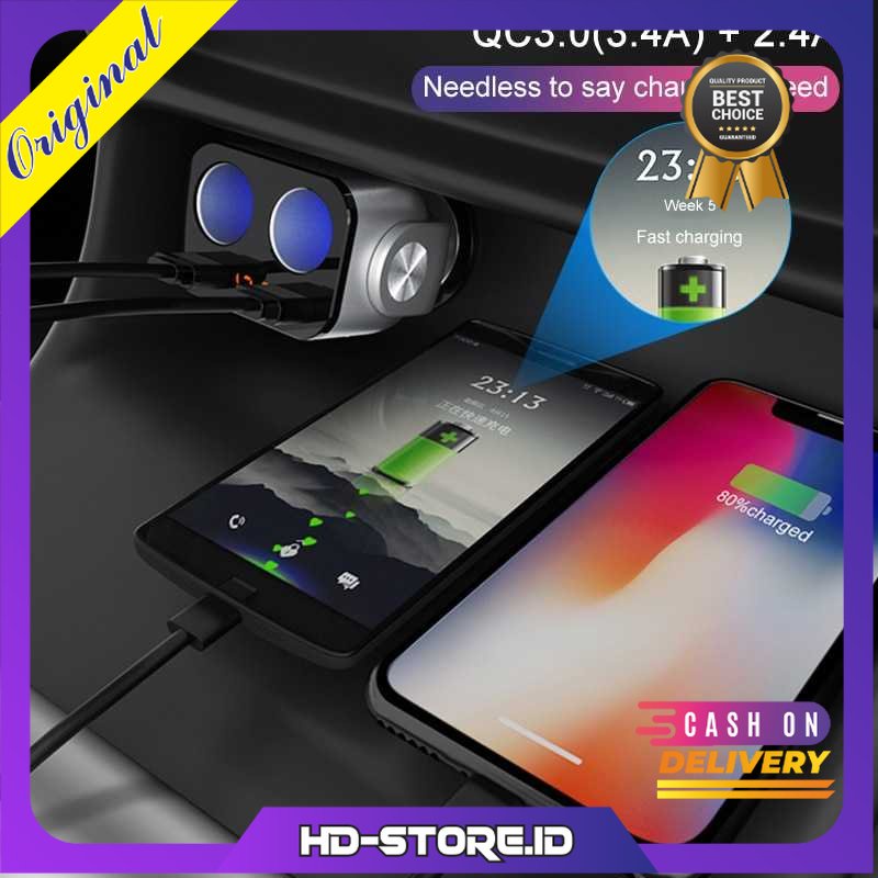 ACCNIC Charger Mobil Pengisian Cepat Fast Charging 2,4 A dengan 2 USB Port QC3 dan 2 Cigarette Plug 