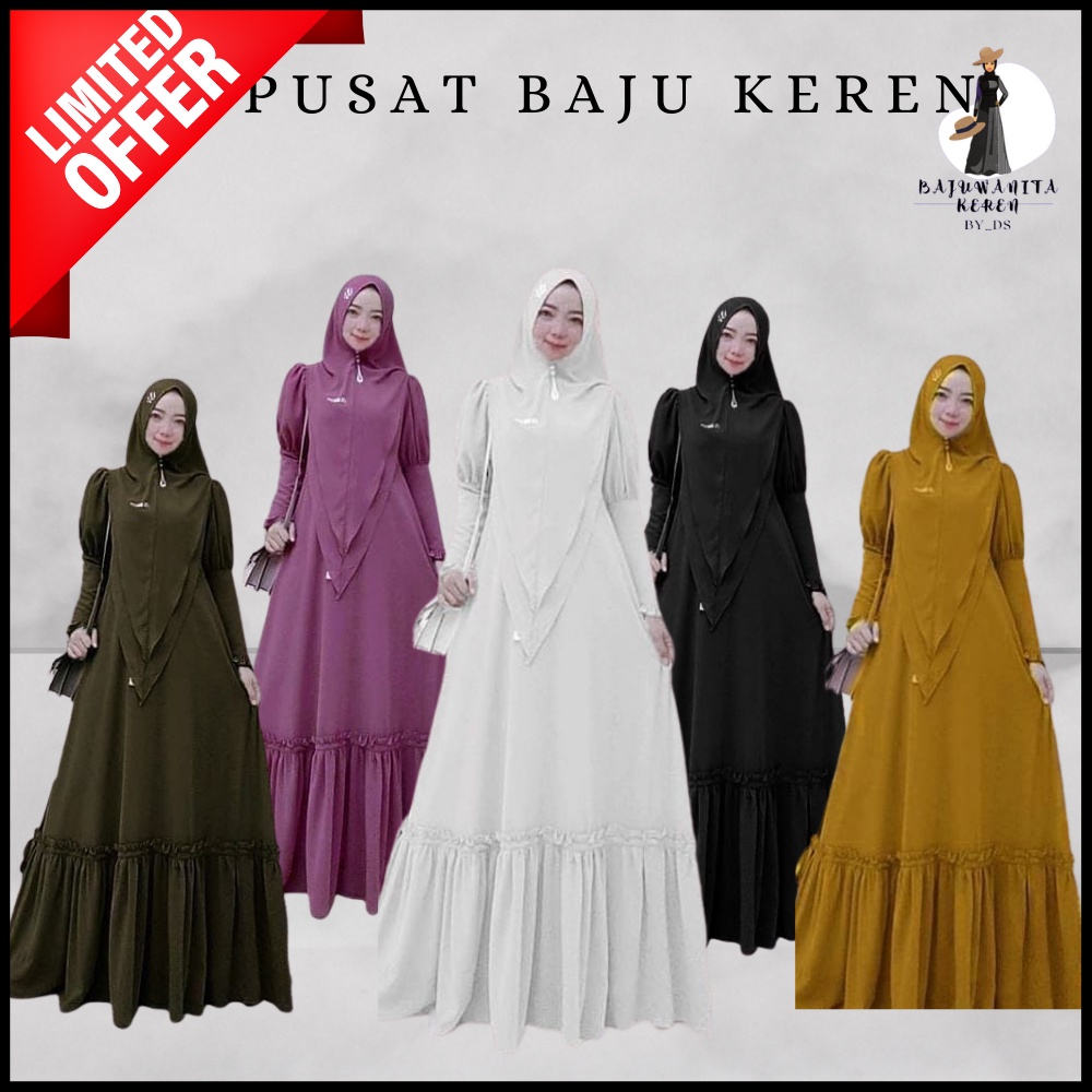 Baju Gamis Dewasa Remaja Syari Set Hijab Warna Putih Hitam Ungu Mustard Hijau Army Fuschia Polos Wan