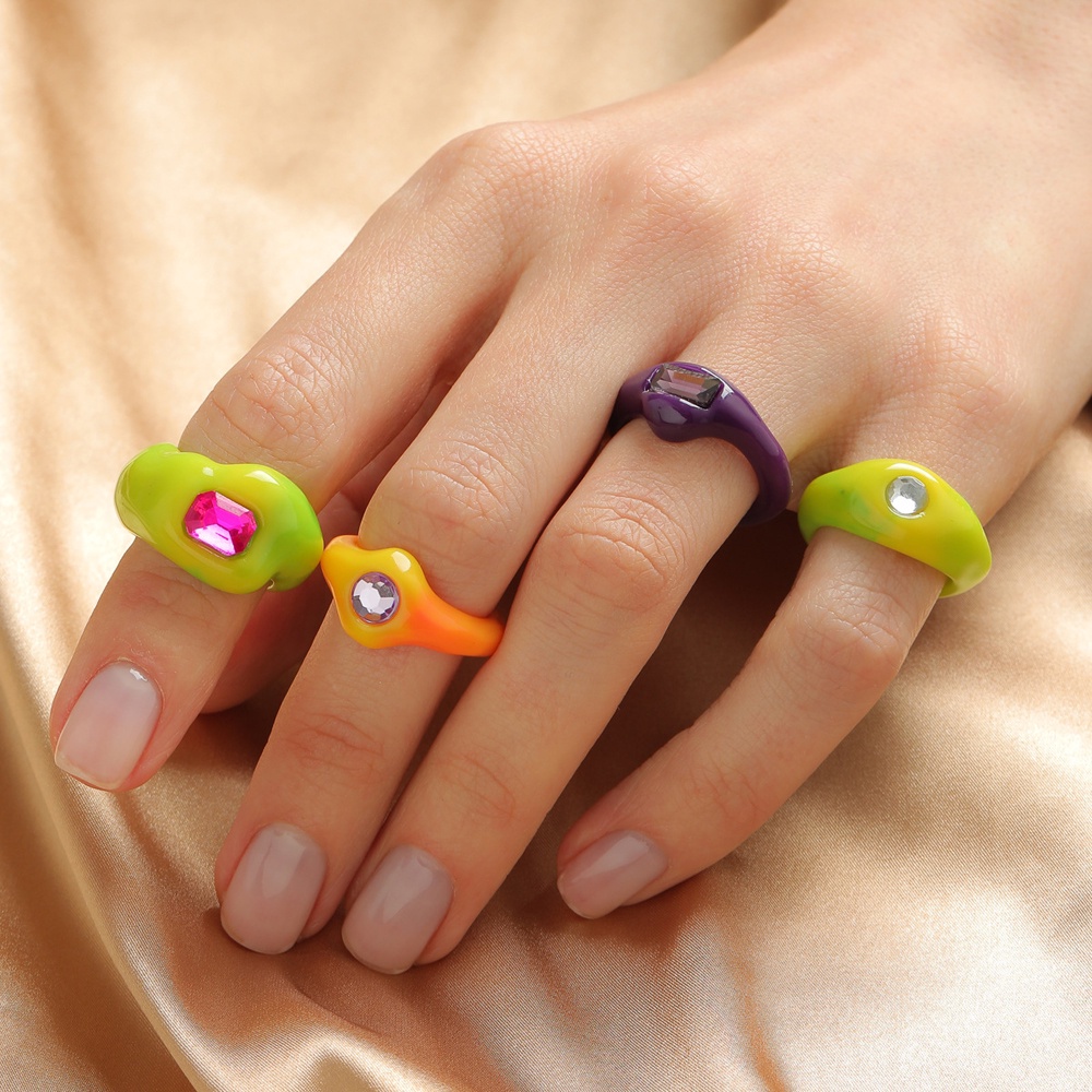 Needway  Geometric Acrylic Rings Cute Crystal Resin Ring Set Punk Candy Color Korean 4pcs/set For Women Fashion Jewelry