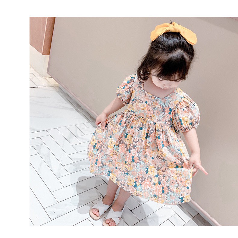 Dress Anak Perempuan Korean Fashion Floral Printed Short Sleeve Gaun