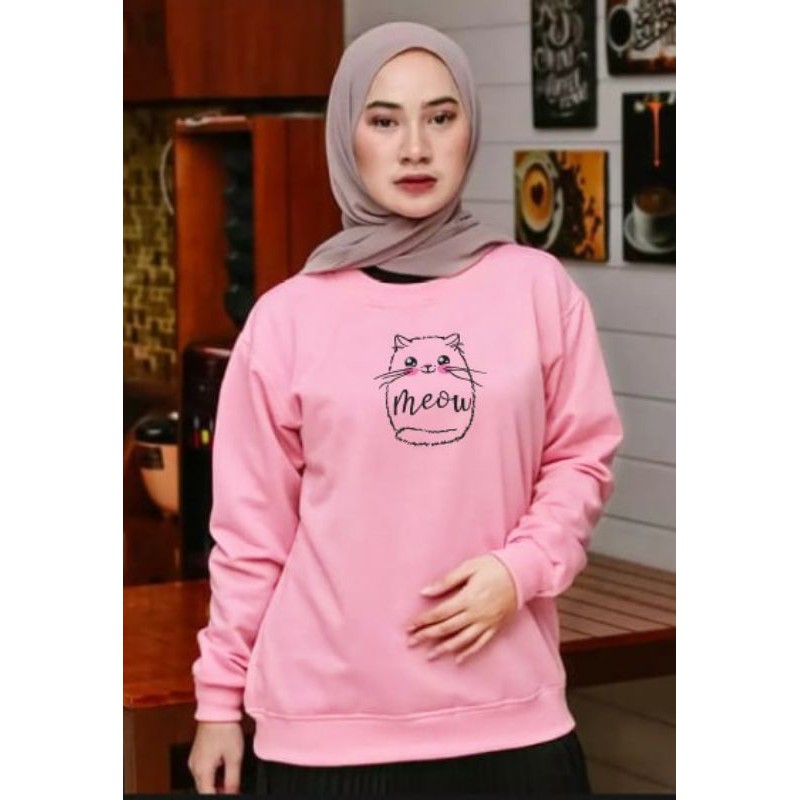 Kaos Lengan Panjang MEOW FULL / Kaos Sweatshirt / Atasan Wanita / Atasan Wanita Lengan Panjang