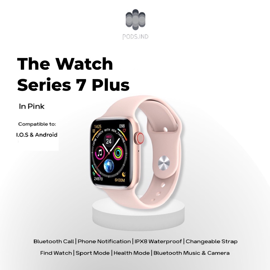 The Watch Series 5 Bluetooth Smartwatch Full Touch Screen Phone Call IP68 Waterproof - Custom Watch Face, Body Temperature, Sports Mode by Pods Indonesia-Series 7 Plus Pink