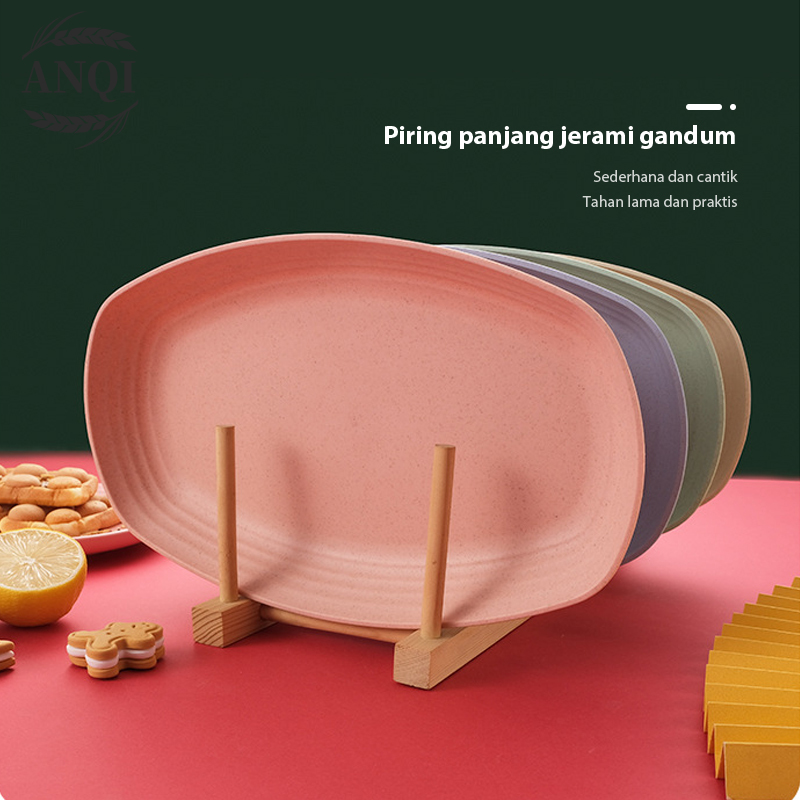 ANQI 4IN1 Piring Jerami Gandum Set Piring Bentuk Oval Kotak Mix Warna Isi 4 Pcs Lonjong Dinner Plate