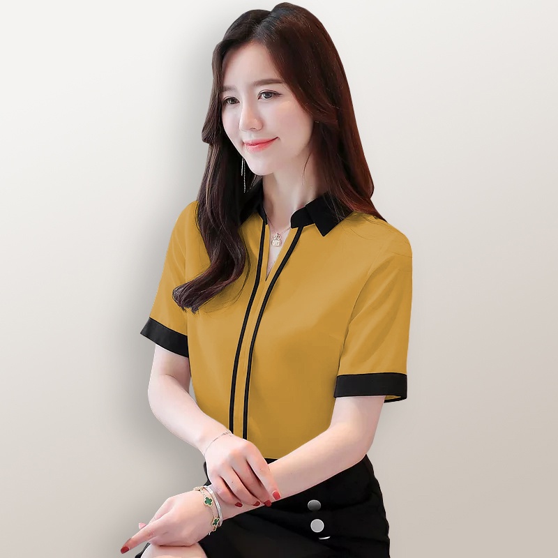 Blus lengan pendek wanita Gaya Korea variasi krah kemeja - XSHOP Renatta SS