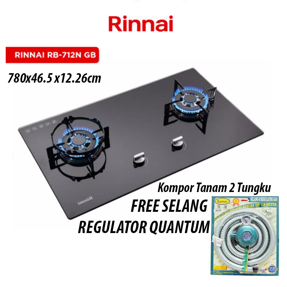 KOMPOR TANAM RINNAI RB 712NGB/Rinnai Kompor Gas Tanam 2 Tungku + SELANG GAS QUANTUM