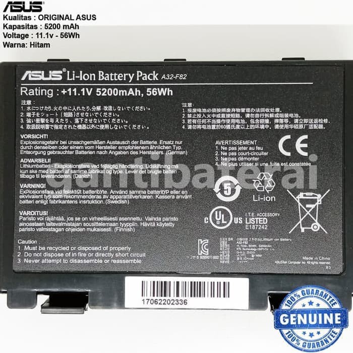 Original Baterai Asus F82 F83S K40 K40E K40IJ A32-F52 A32-F82