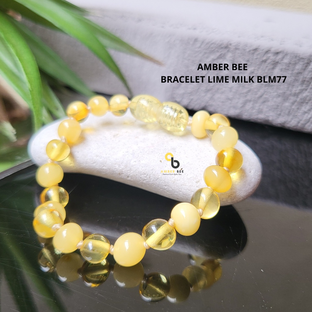 Set Kalung Gelang Amber Asli Baltic Anak Premium Glossy Lemon Milk 33-36cm By Amber Bee