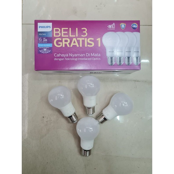 philips lampu led bulb 6watt mycare 6w paket 3 gratis 1 termurah 6 watt cahaya putih