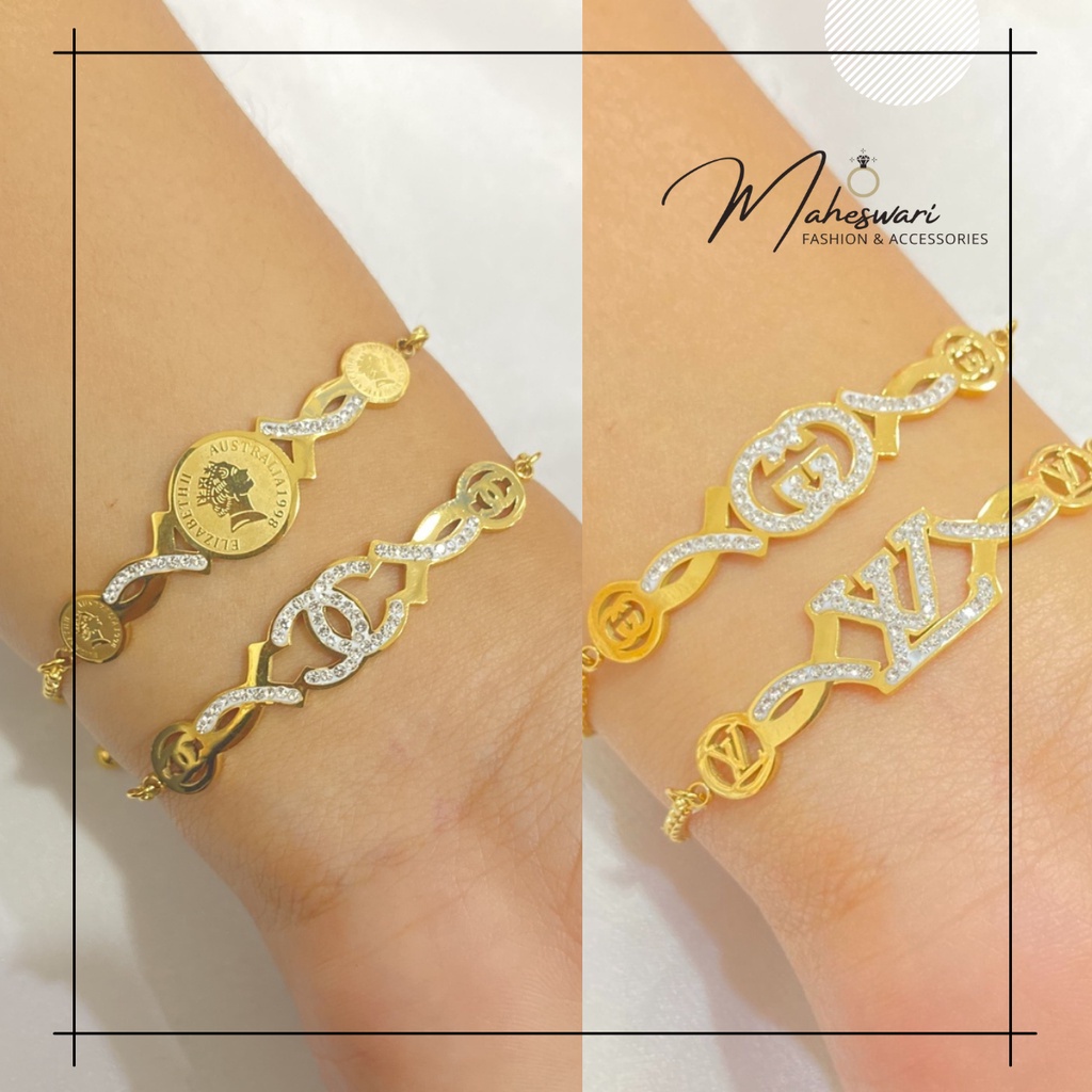 Gelang Titanium Wanita Anti Karat Gelang Serut Vintage Perhiasan Titanium Asli Berlapis Emas Import 