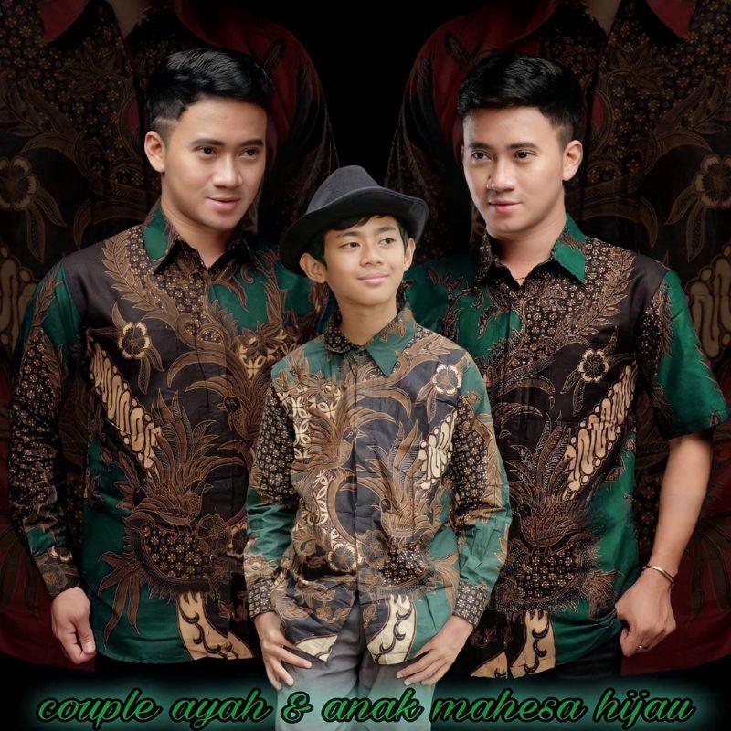 Batik Pria Couple Batik Ayah dan Anak Laki Laki Kemeja Batik Anak Cowok motif Mahesa Warna Hijau Emerald Hijau Botol