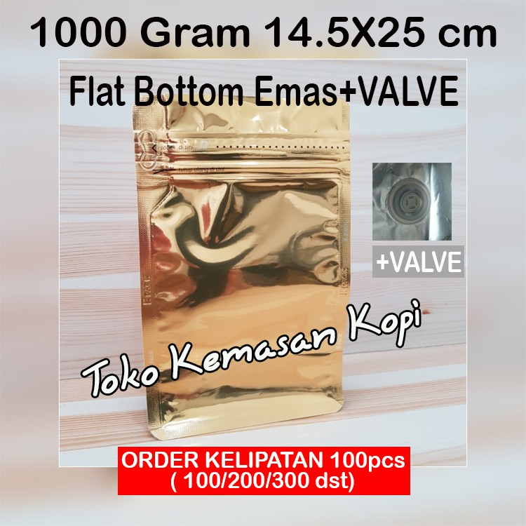 

KEMASAN KOPI 500 GR FLAT BOTTOM EMAS 1000+ZIPPER+VALVE (145X250X70X70MM)