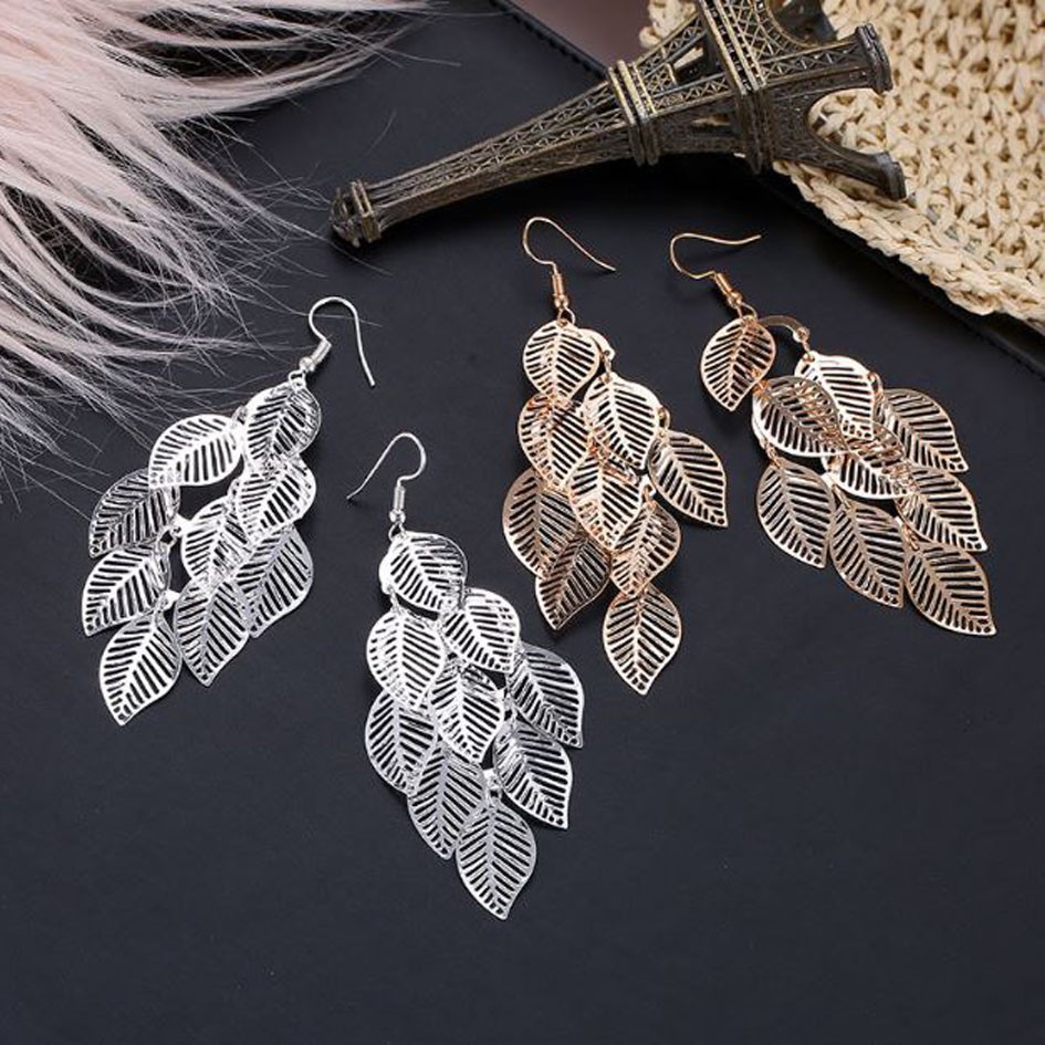 OILA anting rumbai daun multilayer hollow leaves earrings (3E4) jan149