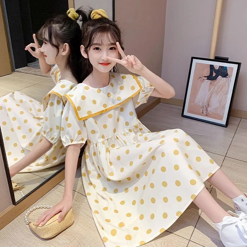 Baru Datang!! (5-12tahun) QZ-76 Dres AnakPerempuan Import Motif Cream Bulat Korean Style/100% KATUN PREMIUM QUALITY IMPOR