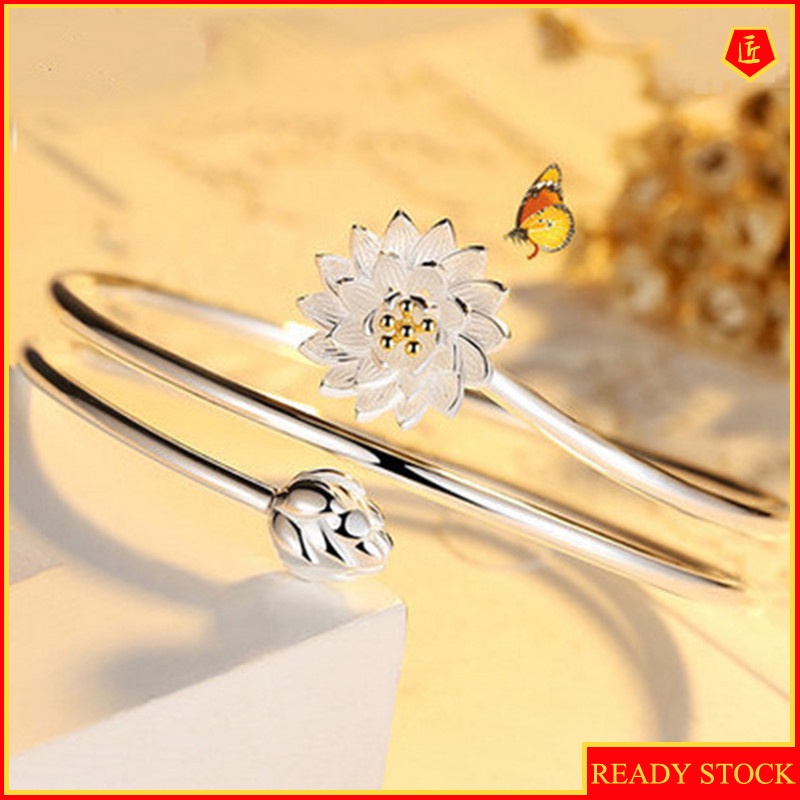 [Ready Stock]Elegant Lotus Silver Rotating Open Bracelet