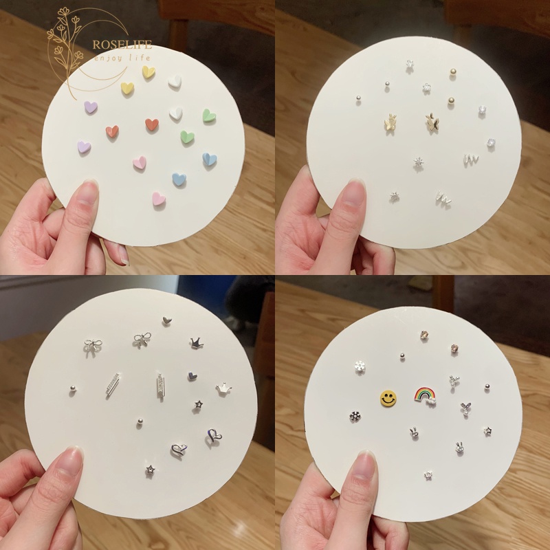 7 Pasang / Set Anting Stud S925 Silver Bentuk Bulan Bintang Pelangi Untuk Wanita