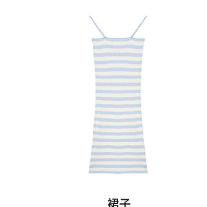 #Sisjuly# Wanita Striped Knit Sling Dress Wanita Slim Midi Dress Dua Potong Wanita