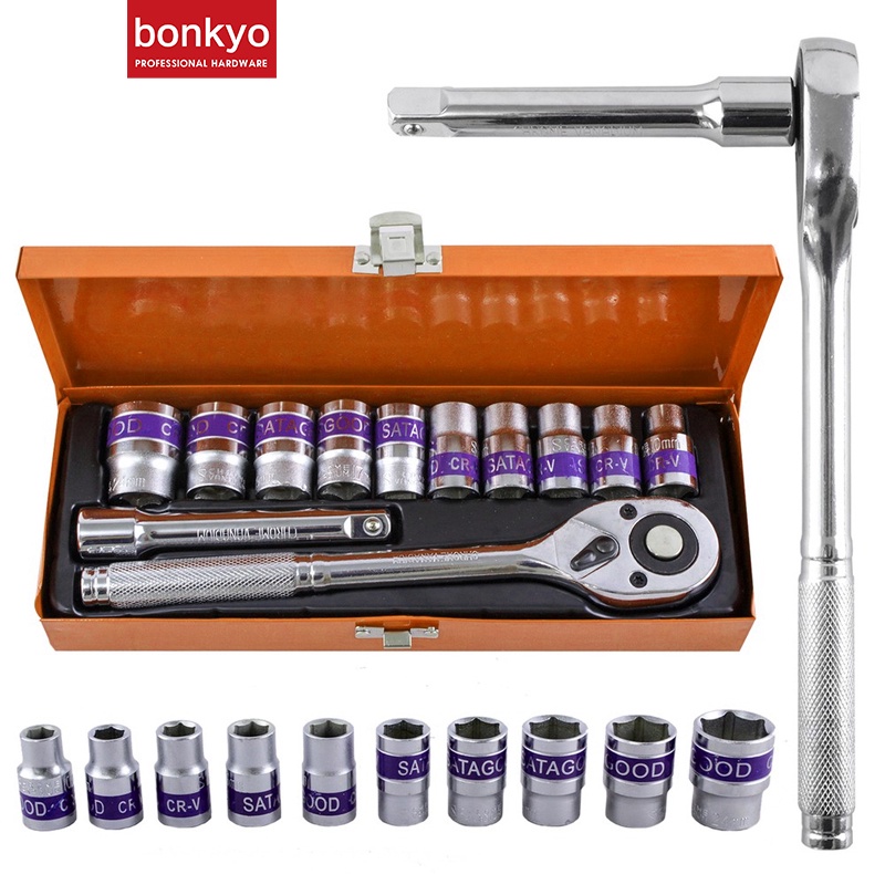 Bonkyo Obeng Kunci Socket Set 12 Pcs Socket 10 - 24mm Ratchet Spanner - Box Besi