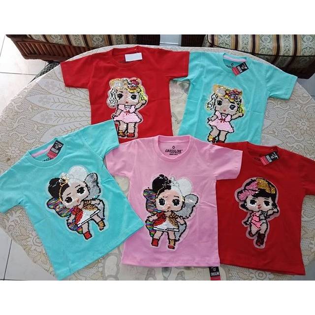 Kaos baju anak cewek lol sequin flip bolak balik bisa usap berubah warna umur 2-3tahun