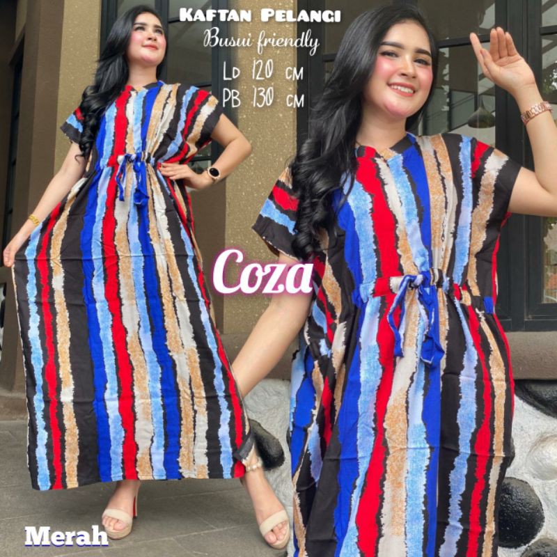 Daster Kaftan Serut Depan  Jumbo Motif Salur Pelangi Cozahijab