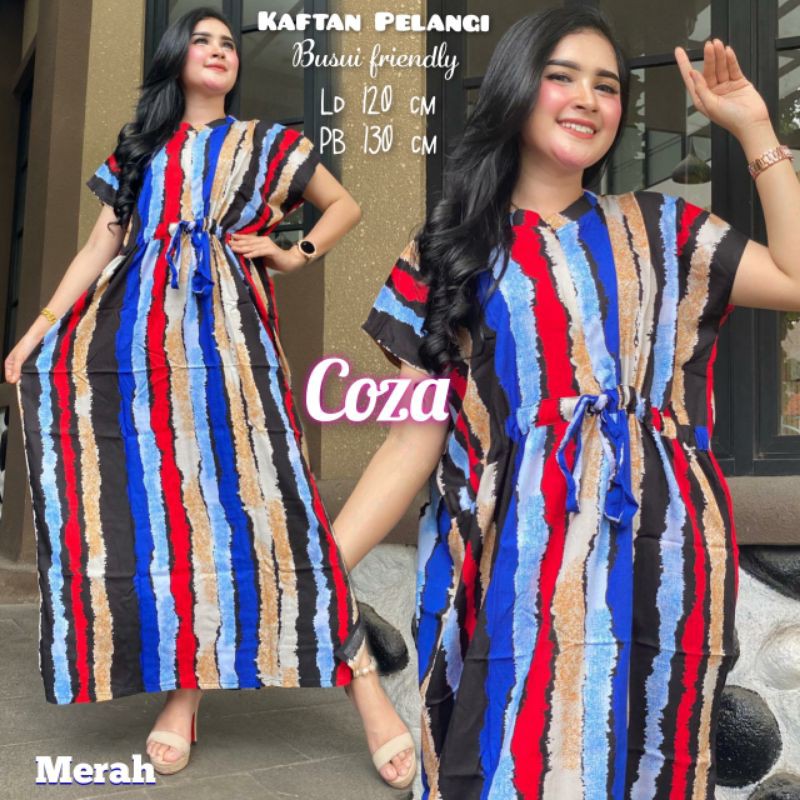 Daster Kaftan Serut Depan  Jumbo Motif Salur Pelangi Cozahijab