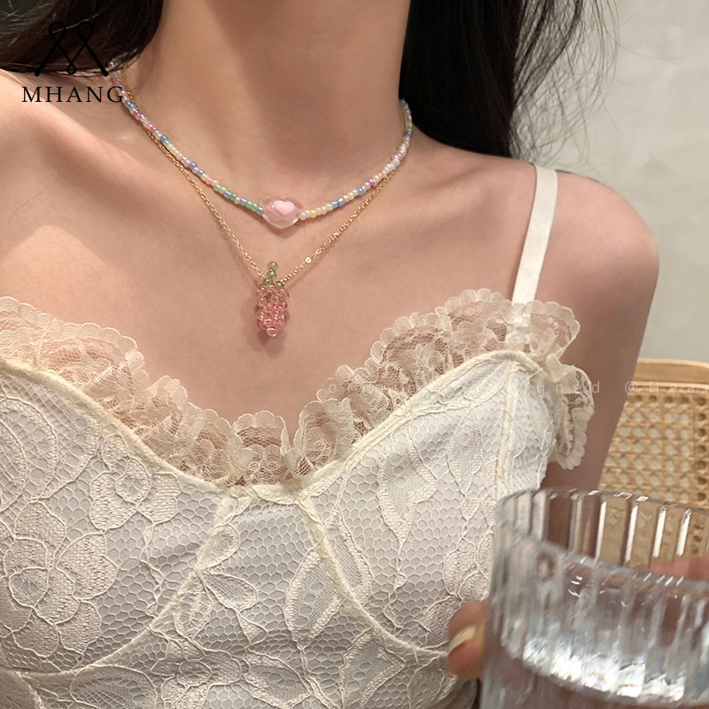 Kalung Rantai Multi Layer Liontin Manikmanik Anggur Unguhati Ganda Gaya Simple Untuk Wanita