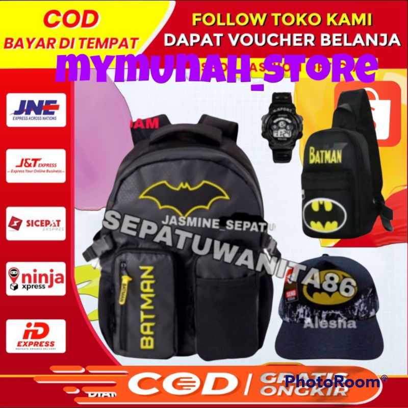 tas ransel anak sekolah laki laki karakter batman/gratis topi jam tangan