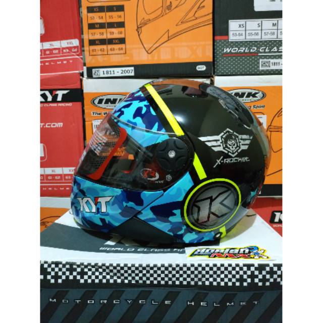 Jual HELM KYT X ROCKET MOTIF 3 BLACK BLUE YELLOW FLUO HELM FULL FACE