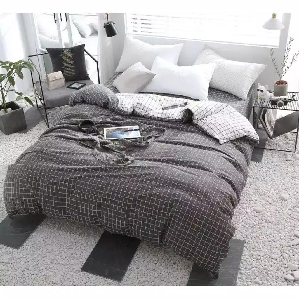 sprei aesthetic kotak hitam 120x200 160x200 180x200 murah premium/seprei kotak kotak emily aesthetic no1 no2 no3/bisa cod/seprai homemade 180x200 160x200 120x200 set sarung bantal dan guling