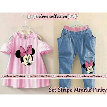 BAJU ANAK SETELAN  STRIPE MINNIE PINKY  1 2 3  4TAHUN