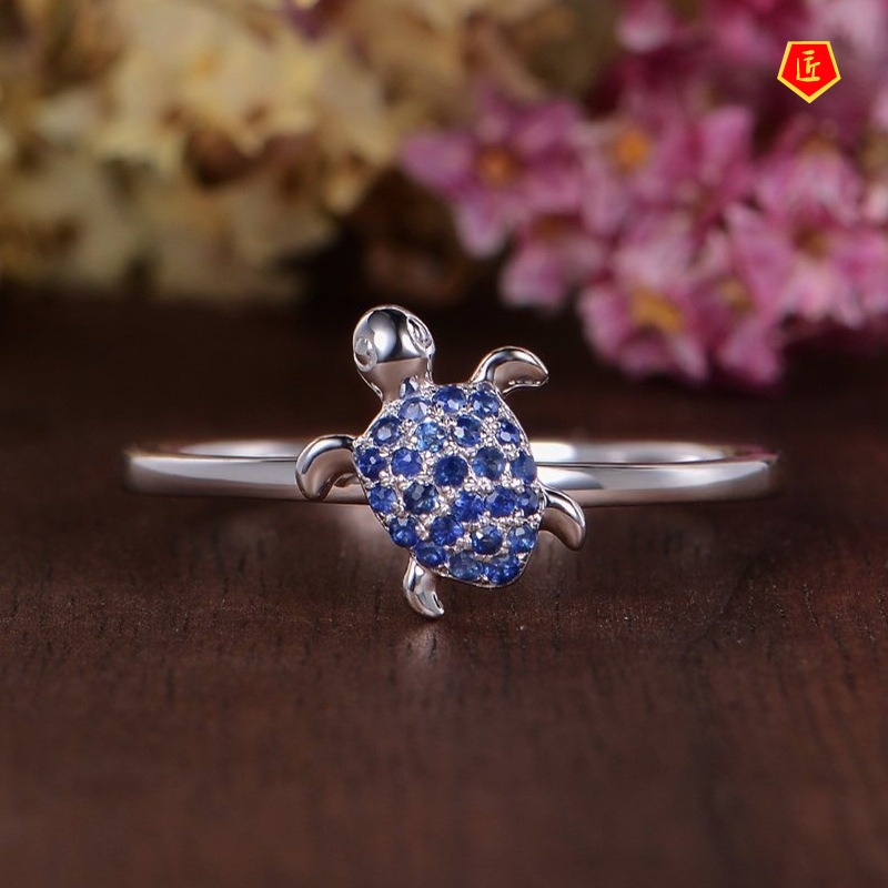 [Ready Stock]Creative Inlaid Sapphire Full Diamond Turtle Ring