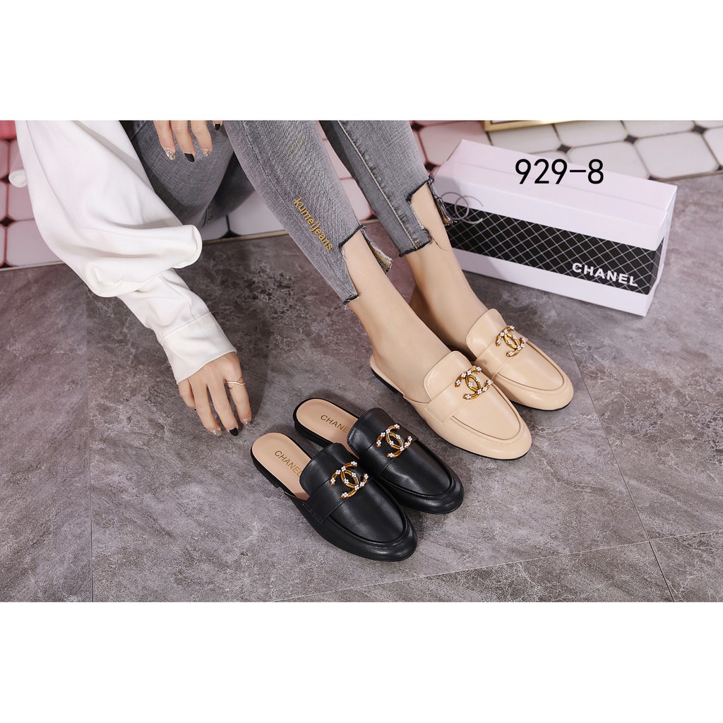 TB2 Sendal selop wanita branded import Chanel Logo CC Leather Mules Slide 929-8