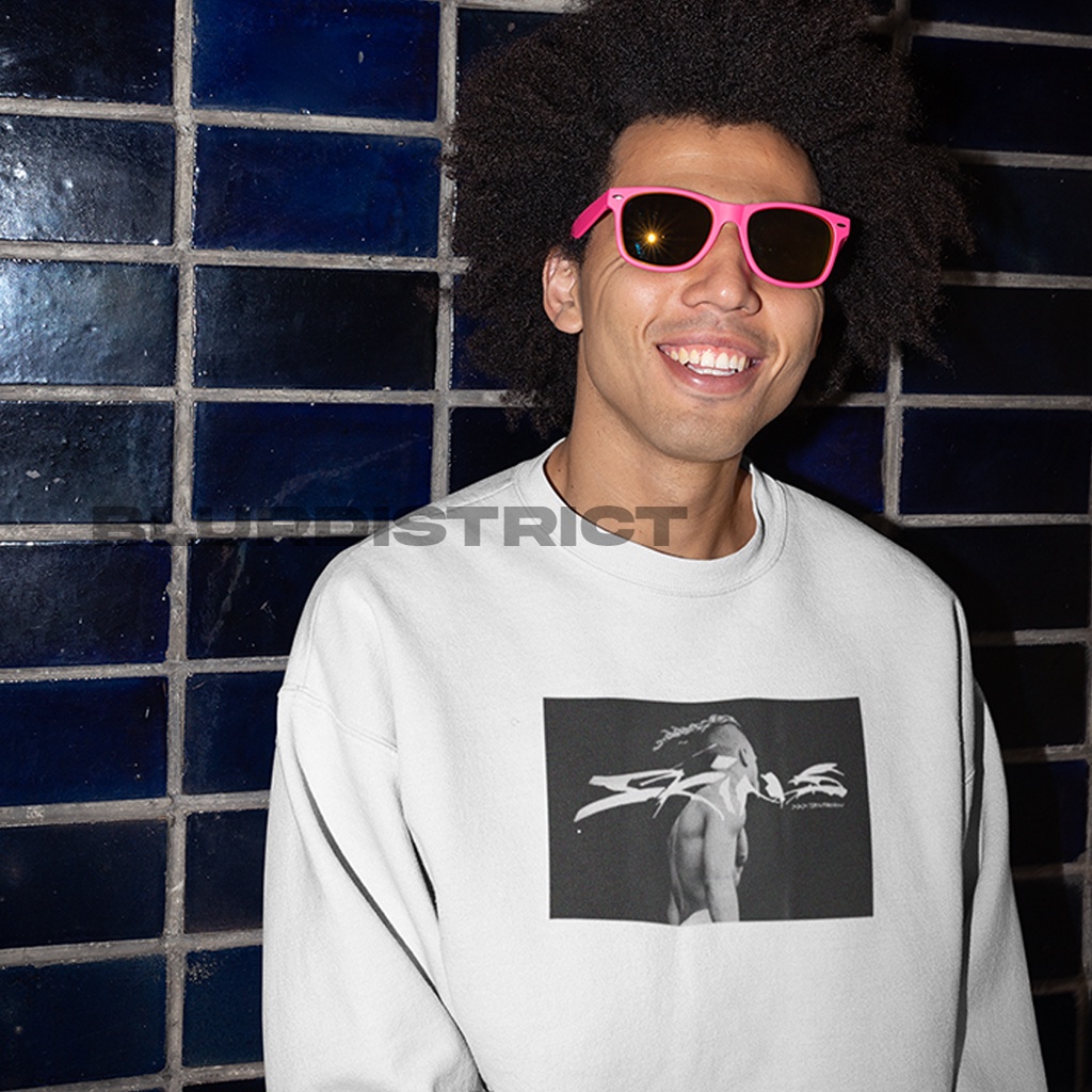 BlurDistrict Crewneck XxxTentacion Sins Sweater Putih Pria Wanita Kain Fleece Motif Black n White