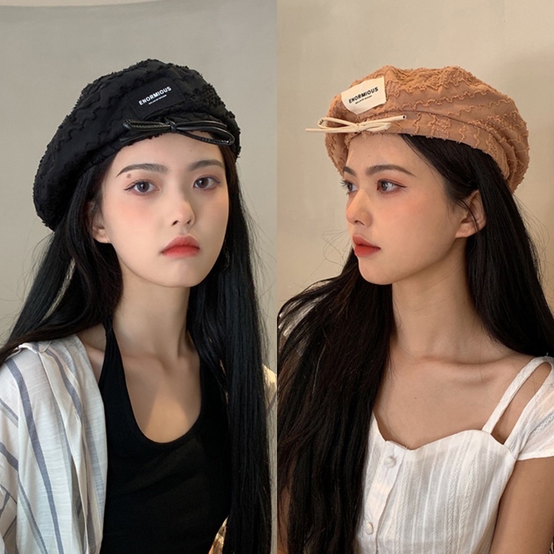 Topi Baret Pelukis Aksen Renda Label Warna Solid Gaya Korea Untuk Wanita