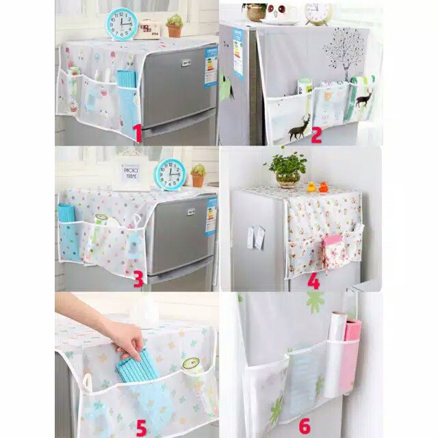 Taplak penutup kulkas, cover dengan kantong storagge pouch kain Furing Motif murah ready
