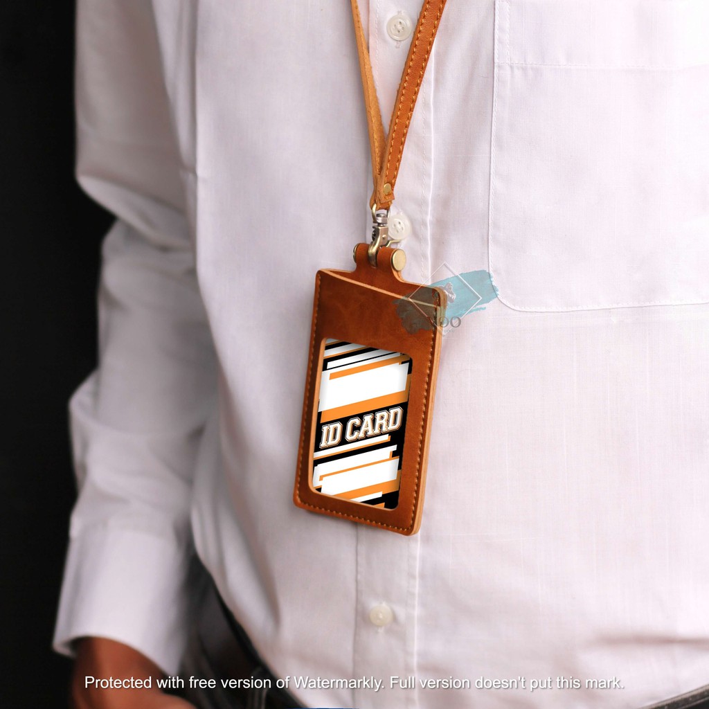 Name Tag ID Card Holder Temboro COKLAT Kalung Premium ID Badge Leather Clip Gantungan Identitas