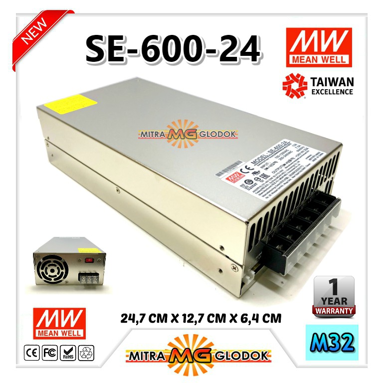 MEAN WELL POWER SUPPLY SE-600-24 MEANWELL 600W DC 24V 25A INDOOR GARANSI 2 TAHUN ORIGINAL - M32