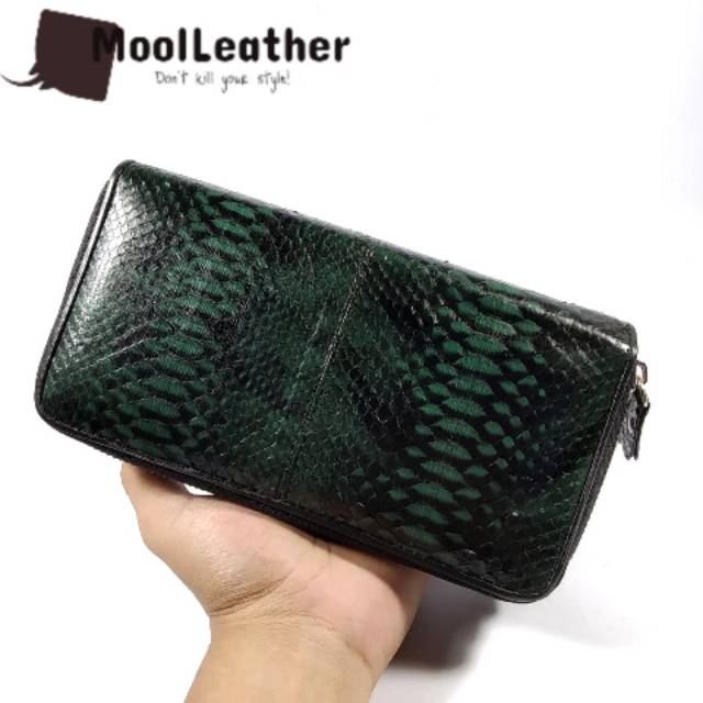Dompet wanita cewe asli kulit ular python dan sapi dobel rit warna hijau muat smartphone uang banyak