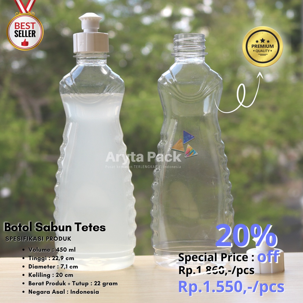 Botol plastik PET 450ml sabun sunlight cuci piring handsanitizer tutup fliptop tetes